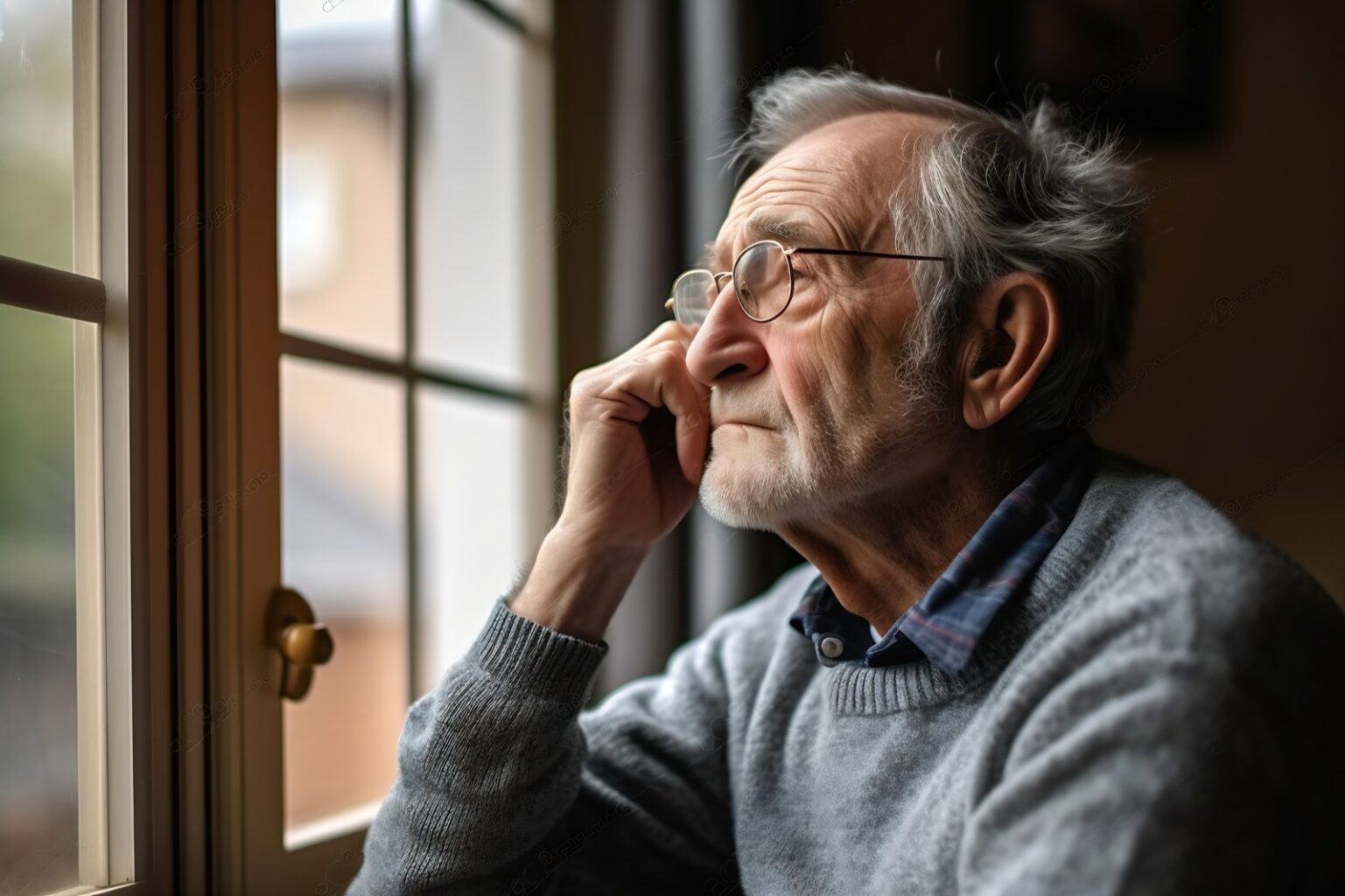 Sad elderly man looking out the window
